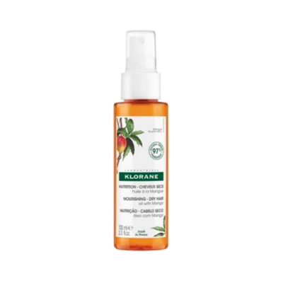 Frasco laranja de spray Klorane cabelo seco óleo de manga 100 ml