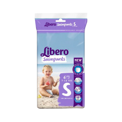Pacote de fraldas para piscina Libero Swimpants tamanho S com imagem de bebé na praia