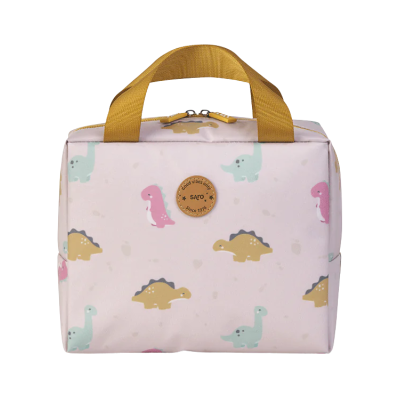Bolsa rosa clara com padrão de dinossauros coloridos e alças amarelas