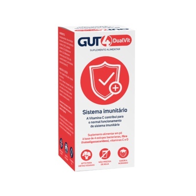 Suplemento alimentar GUT 4 DualVit para sistema imunitário em caixa branca e vermelha