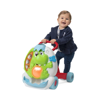 Andarilho de bebé colorido com dinossauro e bebé sorridente