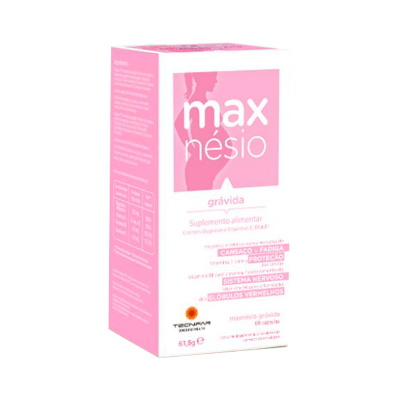 Caixa de suplemento alimentar Max Nésio grávida, embalagem rosa e branca