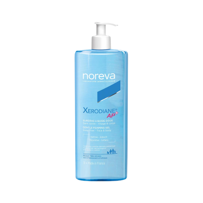 Frasco azul de gel de limpeza suave Noreva Xerodiane AP+ com doseador branco