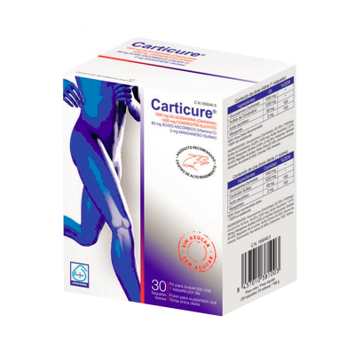 Embalagem do suplemento Carticure para suporte articular com corpo estilizado azul