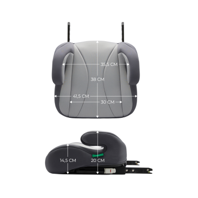 Assento elevatório cinzento para crianças com medições visíveis