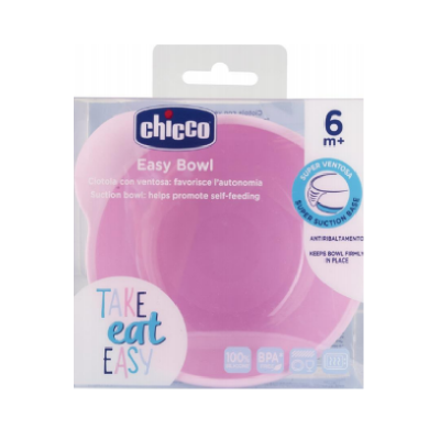 Taça rosa Chicco Easy Bowl com ventosa para bebés, embalagem transparente