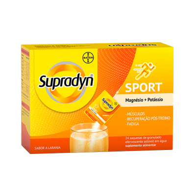 Embalagem de suplemento Supradyn Sport sabor laranja com 24 saquetas efervescentes