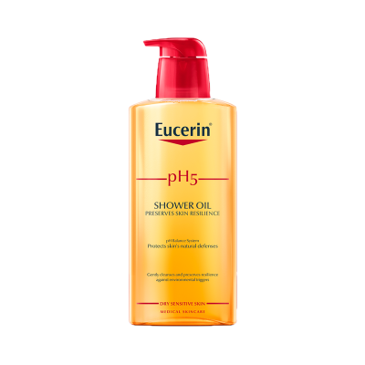 Frasco de óleo de duche Eucerin pH5 com tampa vermelha