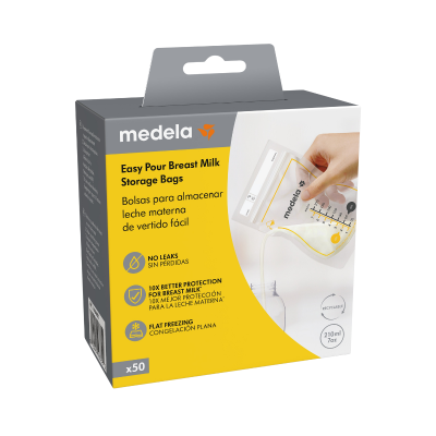 Embalagem dos sacos para armazenamento de leite materno Medela Easy Pour com texto e imagem demonstrativa