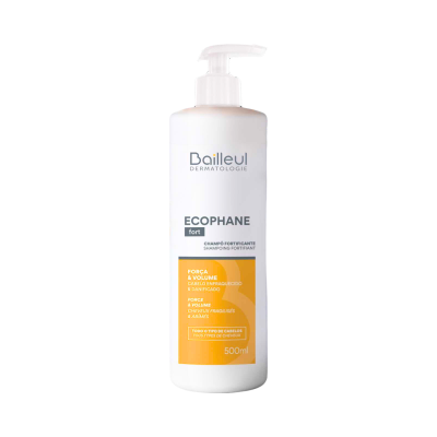 Frasco branco de shampoo Bailleul Dermatologie Ecophane fort 500ml com etiqueta laranja