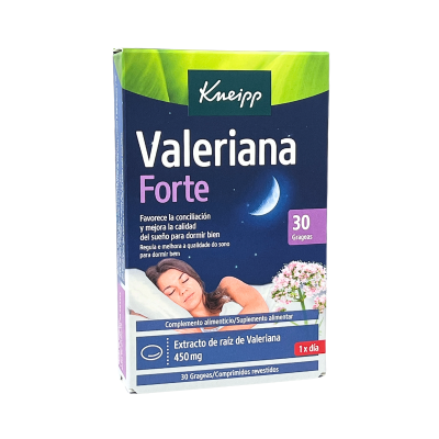 Caixa de suplemento Valeriana Forte Kneipp com imagem de mulher a dormir, texto e cores azul e verde