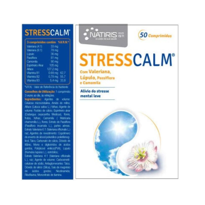 Embalagem de comprimidos STRESSCALM com ingredientes naturais para alívio do stresse