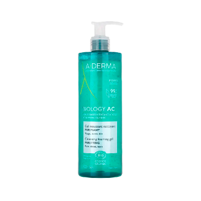 Frasco azul transparente de gel purificante A-DERMA BIOLOGY AC