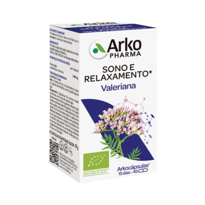 Embalagem branca Arko Pharma Valeriana com imagem da planta e texto de sono e relaxamento