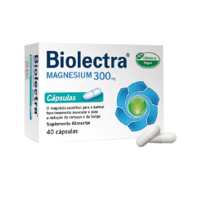 Suplemento alimentar Biolectra Magnesium 300 mg com 40 cápsulas e selo Fórmula Vegan.