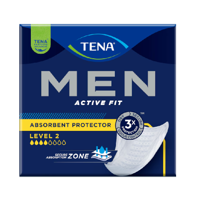 Embalagem azul escuro proteção absorbente TENA MEN ACTIVE FIT nível 2 com imagem do produto branco