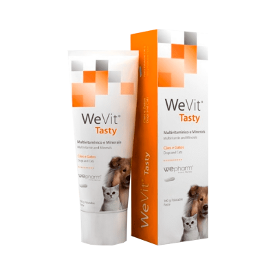 Suplemento WeVit Tasty para cães e gatos em embalagem branca e laranja