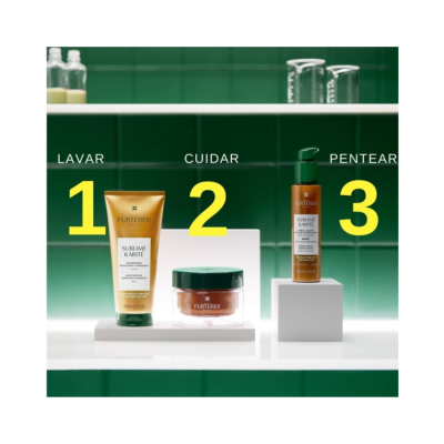 Produtos Sublime Karité René Furterer em pedestais com fundo de azulejos verdes