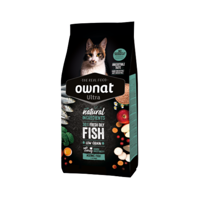Saco de ração Ownat Ultra para gatos com ingredientes naturais e peixe fresco