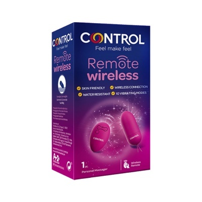 Embalagem do massajador pessoal CONTROL Remote wireless cor rosa em fundo azul e roxo
