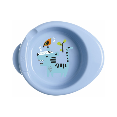 Prato infantil azul claro com desenho de tigre e pássaro