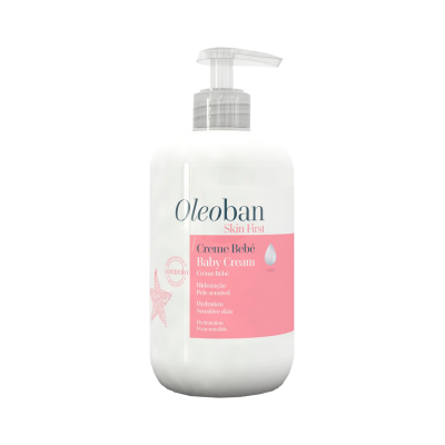 Frasco branco com doseador de creme para bebé Oleoban com etiqueta rosa