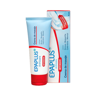 Creme de massagem EPAPLUS Arthicare INTENSIVE em tubo e embalagem com detalhes em azul, branco e vermelho.