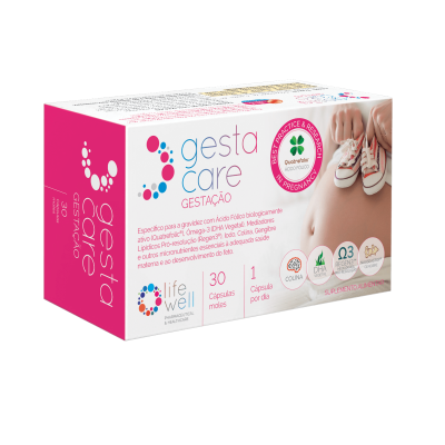 Caixa de suplemento alimentar Gesta Care para gravidez com cápsulas moles