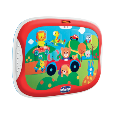 Tablet infantil Chicco com moldura branca e vermelha e desenhos de animais e carrinhos coloridos