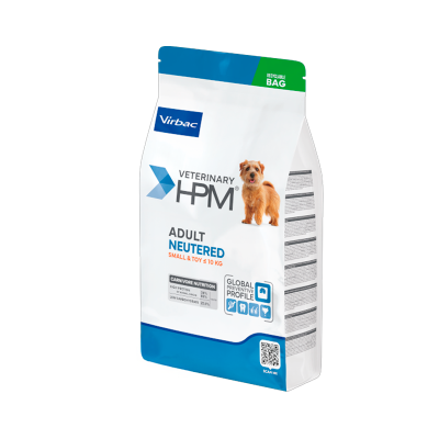 Saco de ração para cães Virbac Veterinary HPM Adult Neutered Small & Toy com imagem de cão