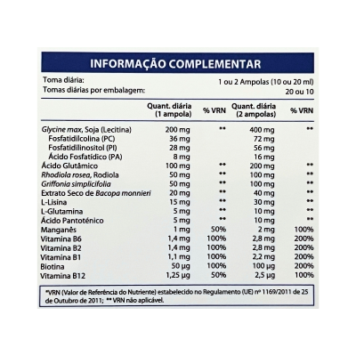 Etiqueta de suplemento com informação nutricional e ingredientes numa tabela
