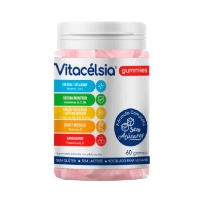 frascos de gomas Vitacélsia gummies, 60 unidades, embalagem branca e rosa