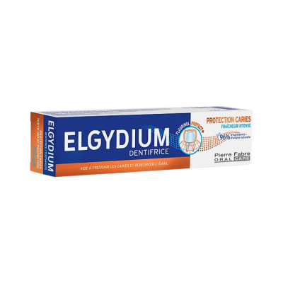 Embalagem de pasta de dentes ELGYDIUM dentífrice azul, branco e laranja