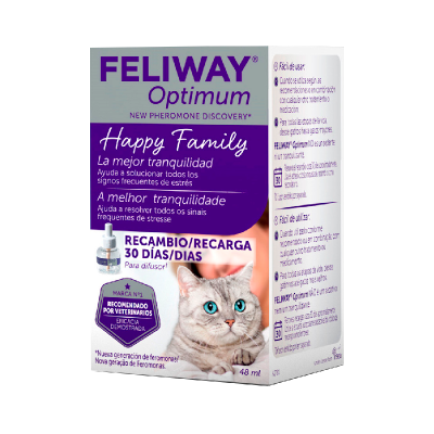 Embalagem do FELIWAY Optimum com imagem de gato e texto em espanhol e português