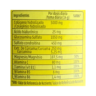 Etiqueta amarela de suplemento alimentar com tabela de ingredientes e valores nutricionais.