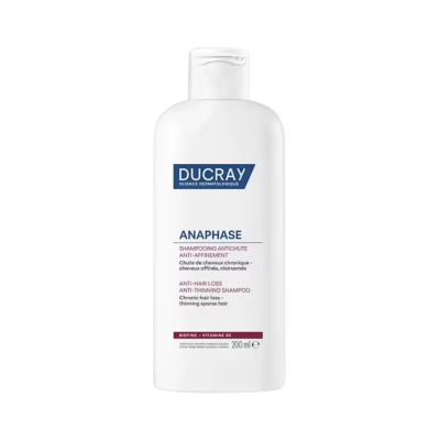 Frasco branco de champô Ducray Anaphase com texto azul e preto e tampa de pressão