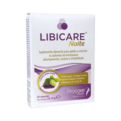 Caixa do suplemento alimentar LIBICARE Noite com texto roxo e amarelo