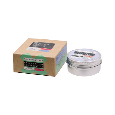 Bálsamo recuperador The Beemine Lab em caixa de cartão castanho e pote de metal prateado