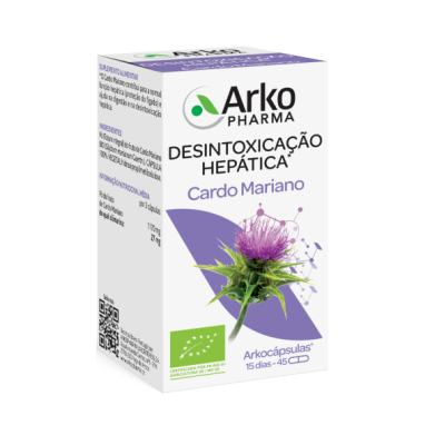 Embalagem branca de suplemento Arko Pharma para desintoxicação hepática com imagem de Cardo Mariano