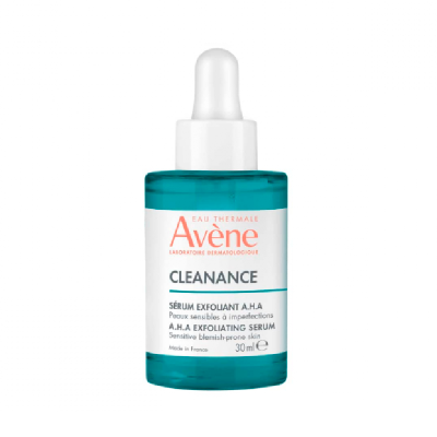 Frasco de sérum esfoliante Avène Cleanance A.H.A 30 ml azul com conta-gotas branco