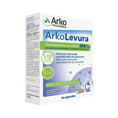 Caixa de suplemento alimentar ArkoLevura com 10 cápsulas e texto informativo