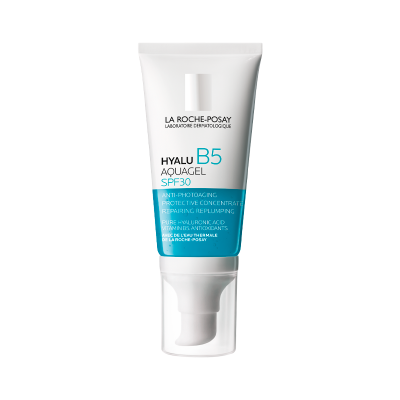 Frasco branco de creme facial La Roche-Posay Hyalu B5 Aquagel SPF30