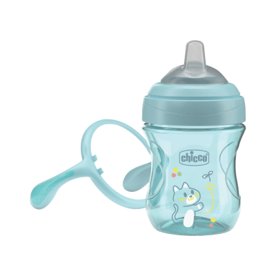 Copo de treino azul com bico flexível e desenho de gato