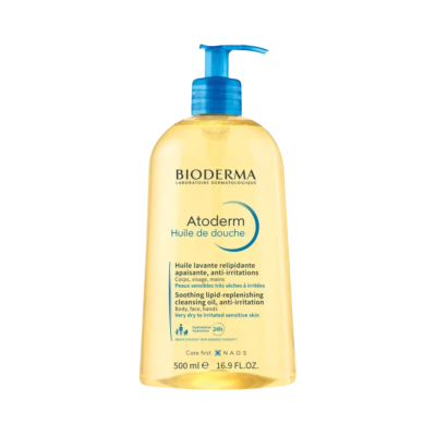 Frasco de óleo de limpeza corporal Bioderma Atoderm com doseador azul