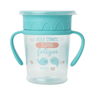 Copo de treino infantil azul turquesa com pegas e decoração de golfinhos