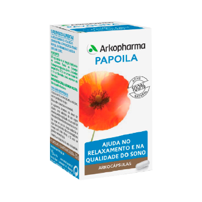 Suplemento Arkopharma Papoila com imagem de flor vermelha e texto informativo.