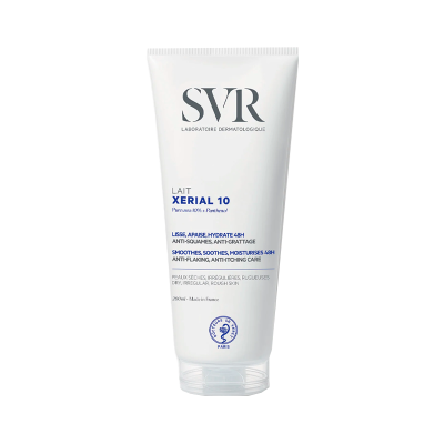 Embalagem branca de creme SVR XERIAL 10 com texto em azul e preto