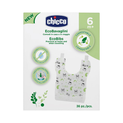 Embalagem de bibe eco Chicco com padrão de pandas e folhas verdes