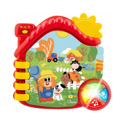 Livro infantil forma de casa vermelho com ilustração de fazenda e botões coloridos