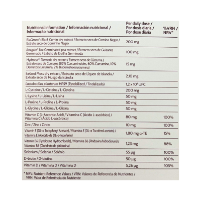 Etiqueta de suplemento alimentar com informação nutricional multilíngue e lista de ingredientes